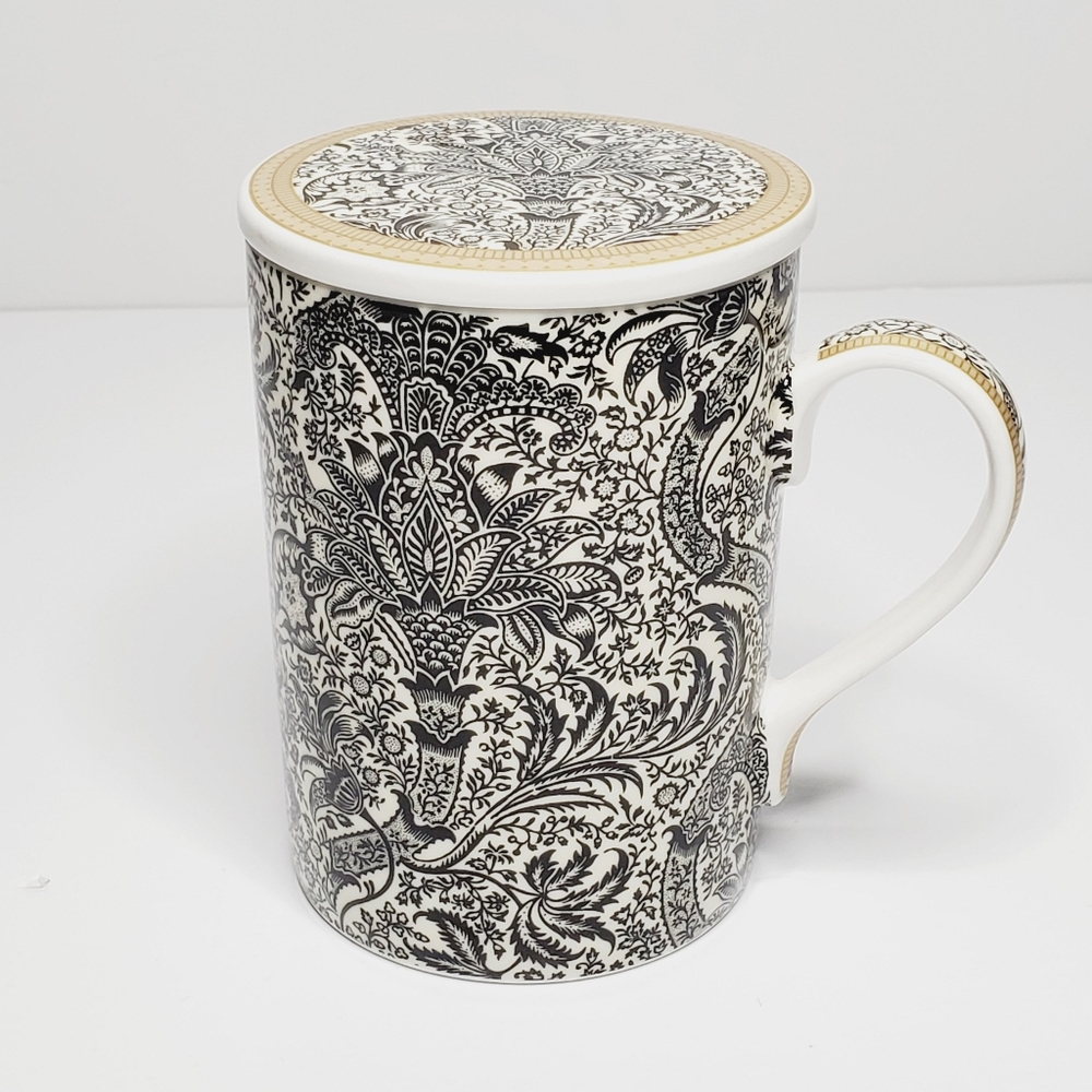 William Morris Porcelain Cup With Lid Black Seaweed Design